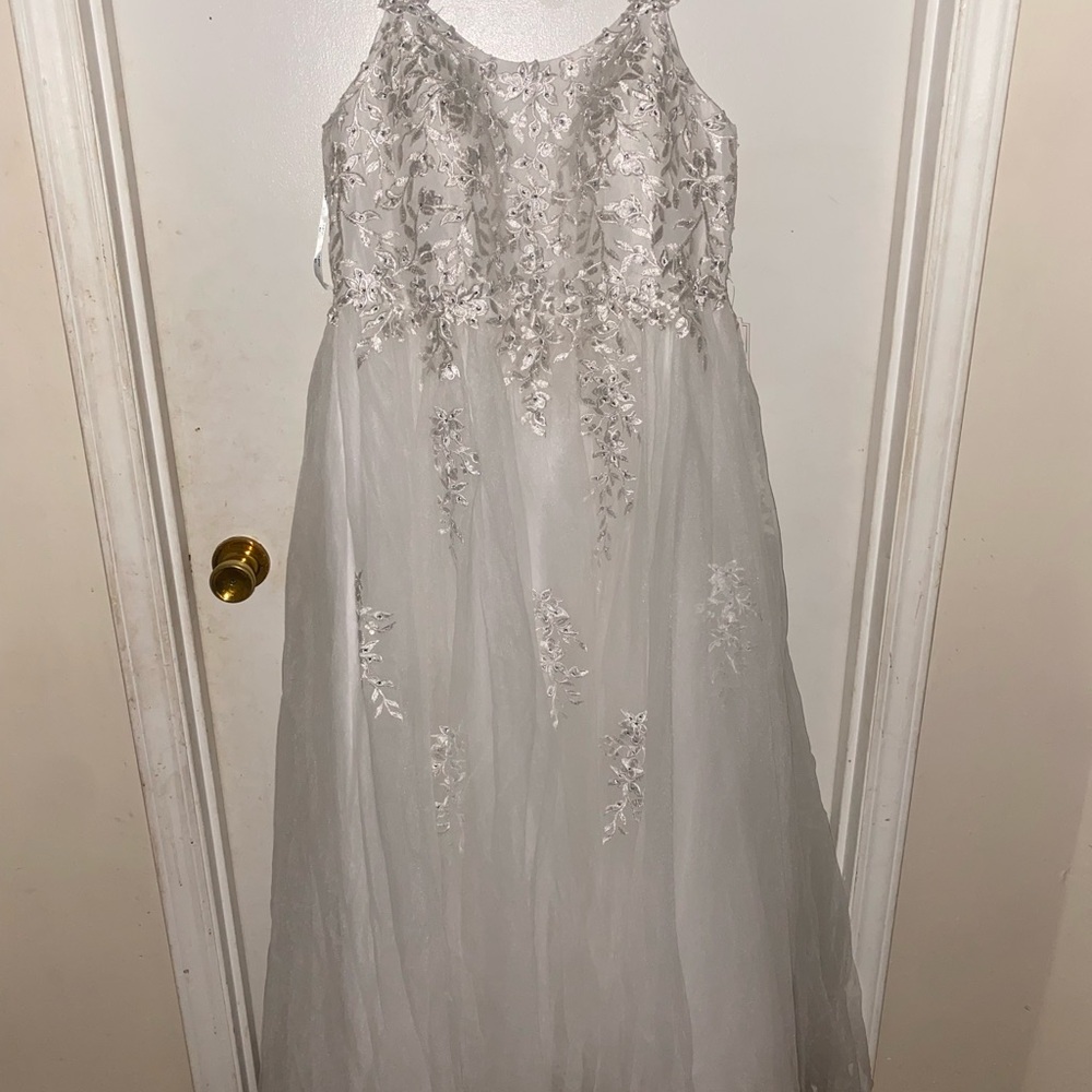 David's Bridal White and Silver Tiered Halter Gown